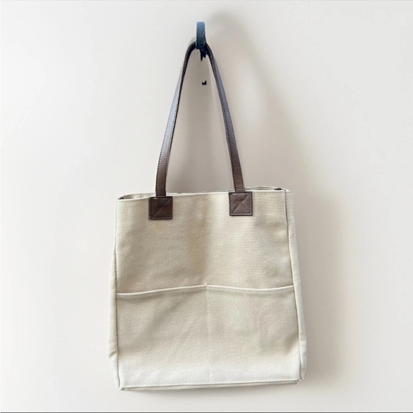 Structured Canvas Tote Bag Large Beige RH Brown Leather Straps Classic Shape - Picture 1 of 16